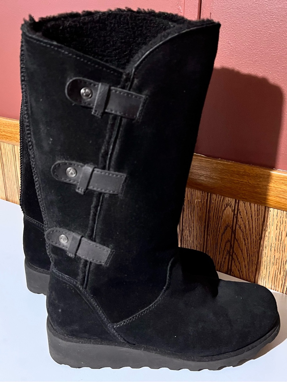 BearPaw Black Suede Mid-Calf Winter Boots with Toggle Straps